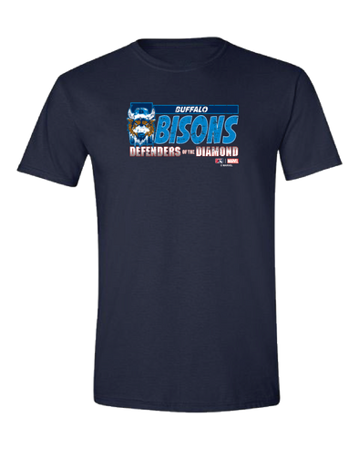Buffalo Bisons Youth Marvel's Defenders of the Diamond Navy DOTD Tee